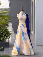 Cream Jimmy Organza Lehenga Choli with Digital Print and Stone Work Blouse full drape view