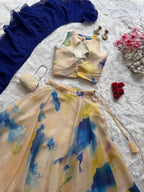 Cream Jimmy Organza Lehenga Choli with Digital Print and Stone Work Blouse embroidery close-up