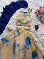 Cream Jimmy Organza Lehenga Choli with Digital Print and Stone Work Blouse fabric texture detail
