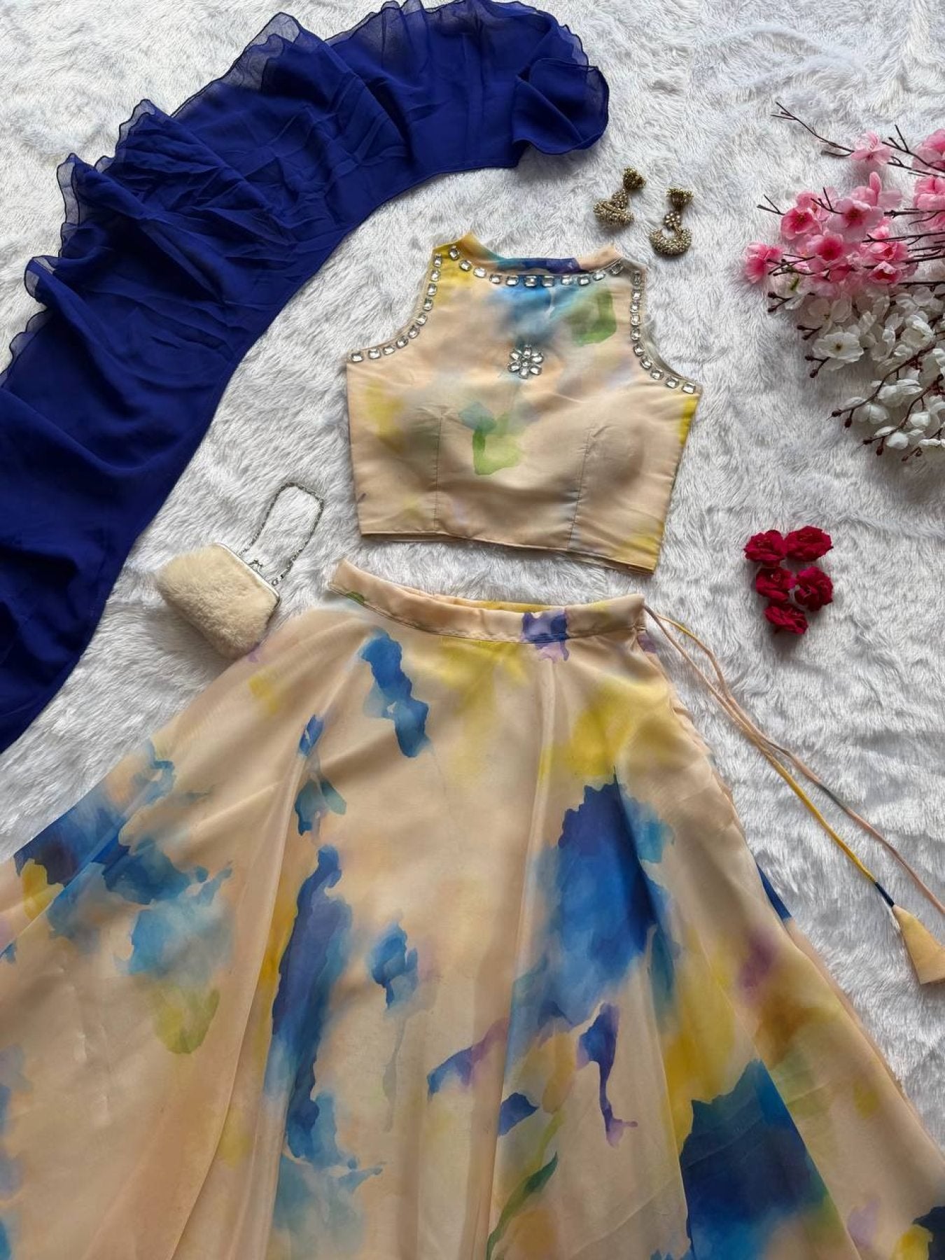 Cream Jimmy Organza Lehenga Choli with Digital Print and Stone Work Blouse fabric texture detail