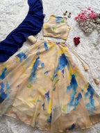 Cream Jimmy Organza Lehenga Choli with Digital Print and Stone Work Blouse front view
