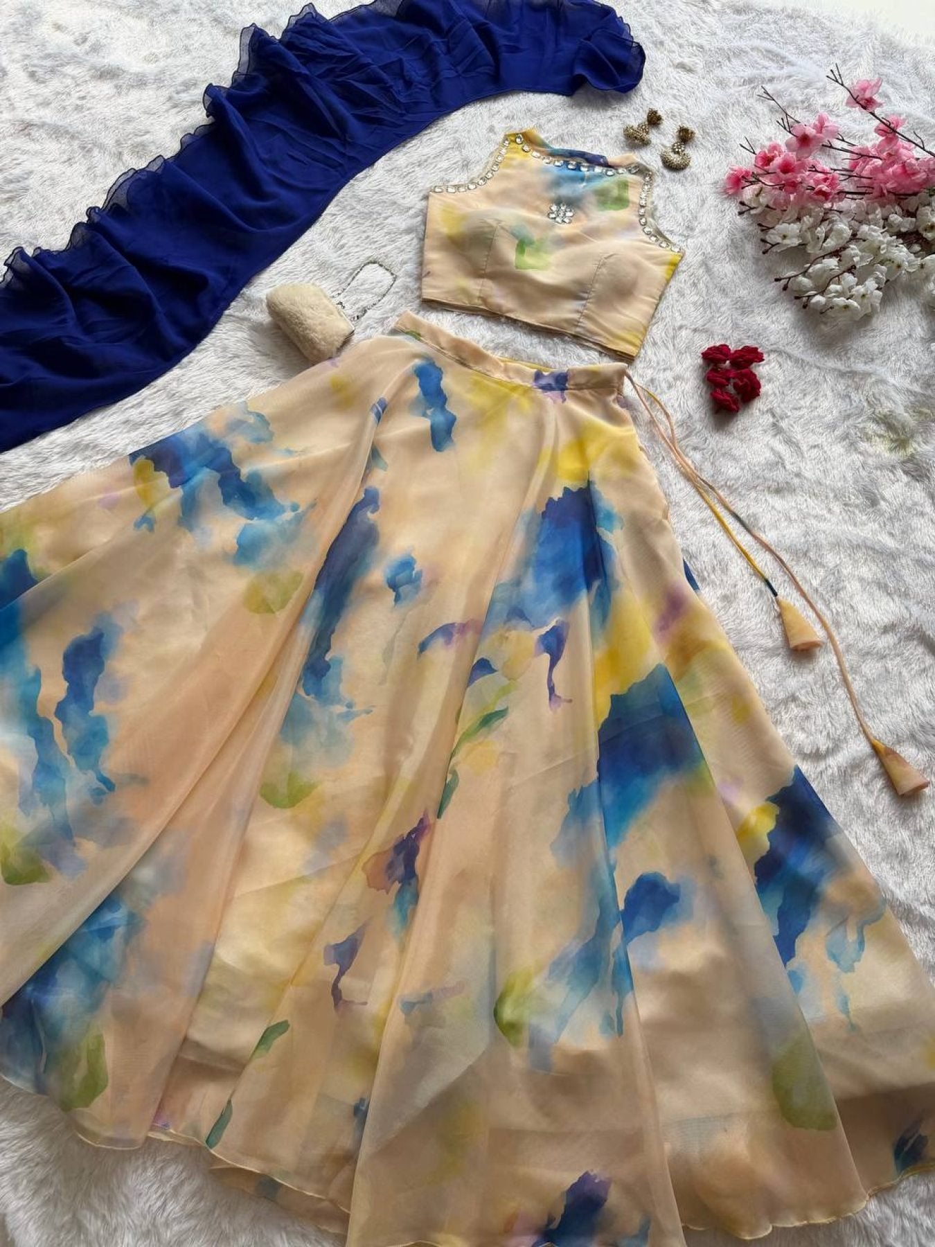 Cream Jimmy Organza Lehenga Choli with Digital Print and Stone Work Blouse full drape view