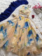 Cream Jimmy Organza Lehenga Choli with Digital Print and Stone Work Blouse detailed view