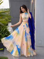 Cream Jimmy Organza Lehenga Choli with Digital Print and Stone Work Blouse full drape view