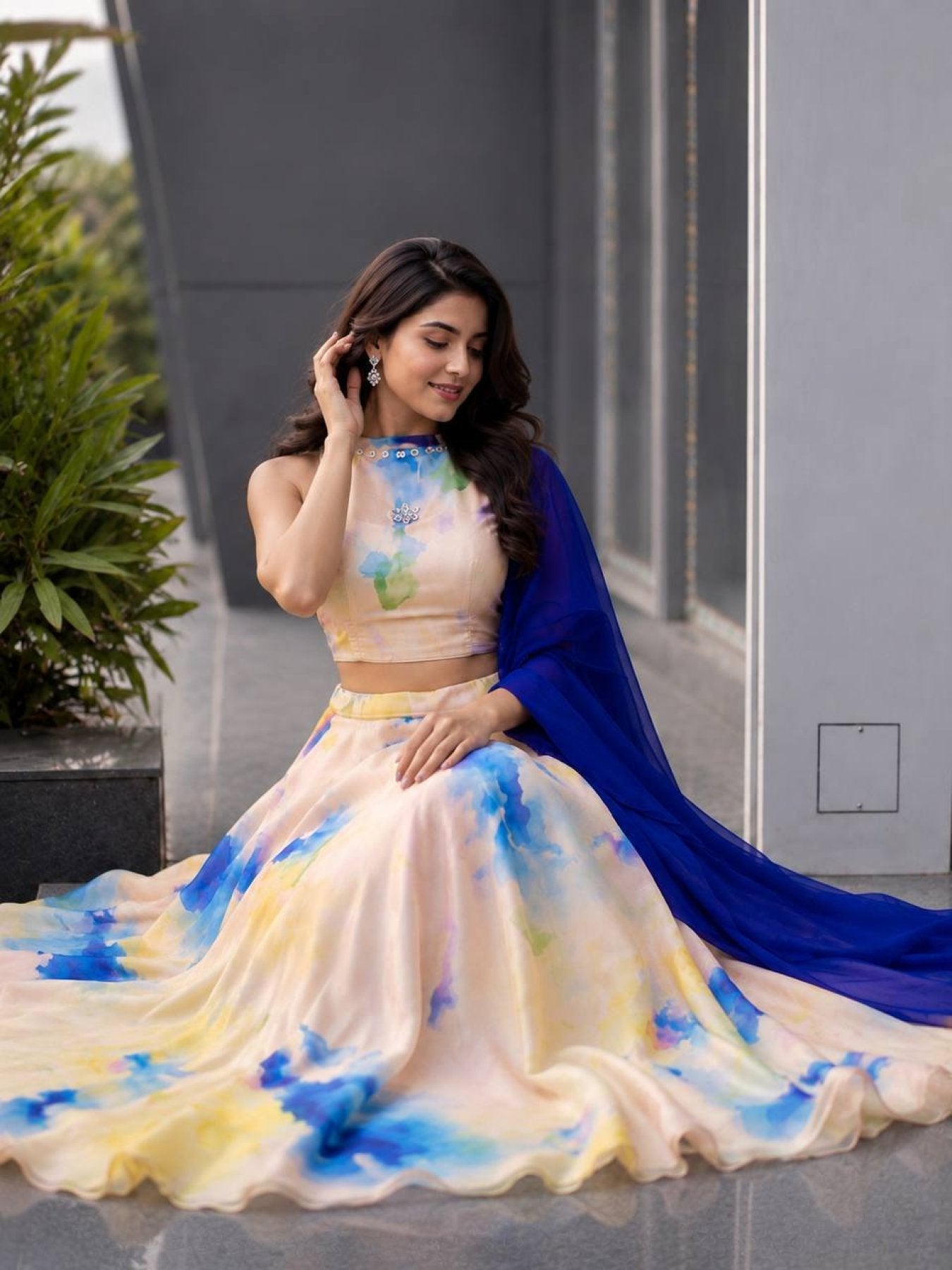 Cream Jimmy Organza Lehenga Choli with Digital Print and Stone Work Blouse detailed view