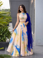 Cream Jimmy Organza Lehenga Choli with Digital Print and Stone Work Blouse fabric texture detail