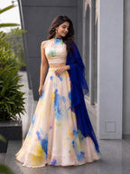 Cream Jimmy Organza Lehenga Choli with Digital Print and Stone Work Blouse back view