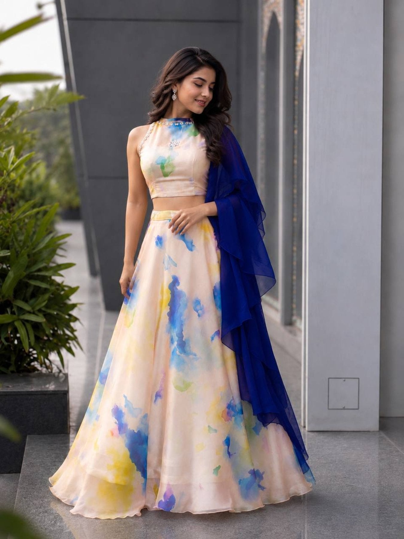 Cream Jimmy Organza Lehenga Choli with Digital Print and Stone Work Blouse back view