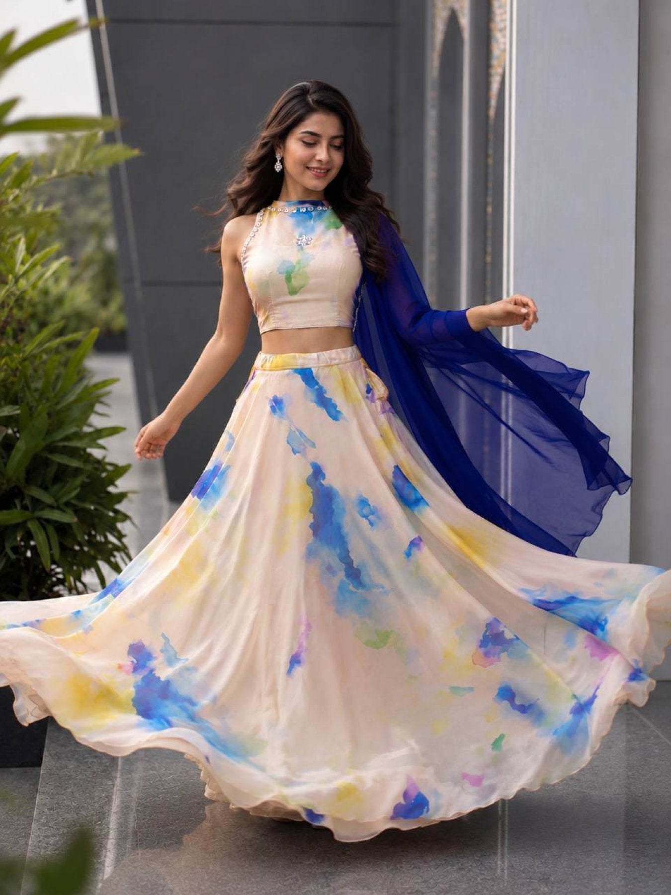 Cream Jimmy Organza Lehenga Choli with Digital Print and Stone Work Blouse styling view