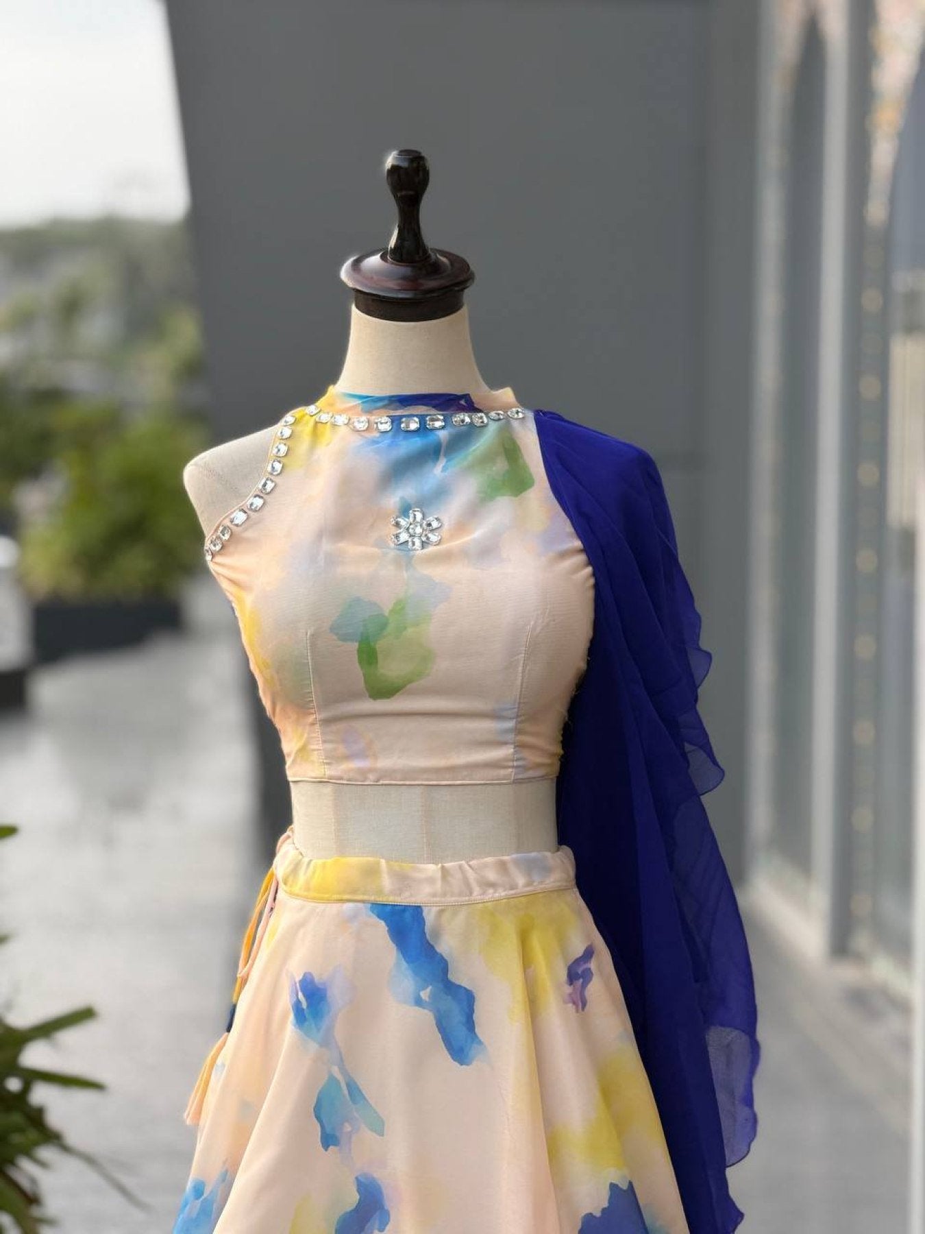 Cream Jimmy Organza Lehenga Choli with Digital Print and Stone Work Blouse colour variant view