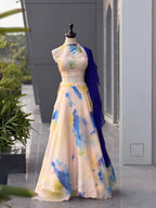 Cream Jimmy Organza Lehenga Choli with Digital Print and Stone Work Blouse front view