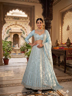 Blue Rangoli Silk Lehenga Choli with Foil Mirror and Coding Embroidery Work full drape view