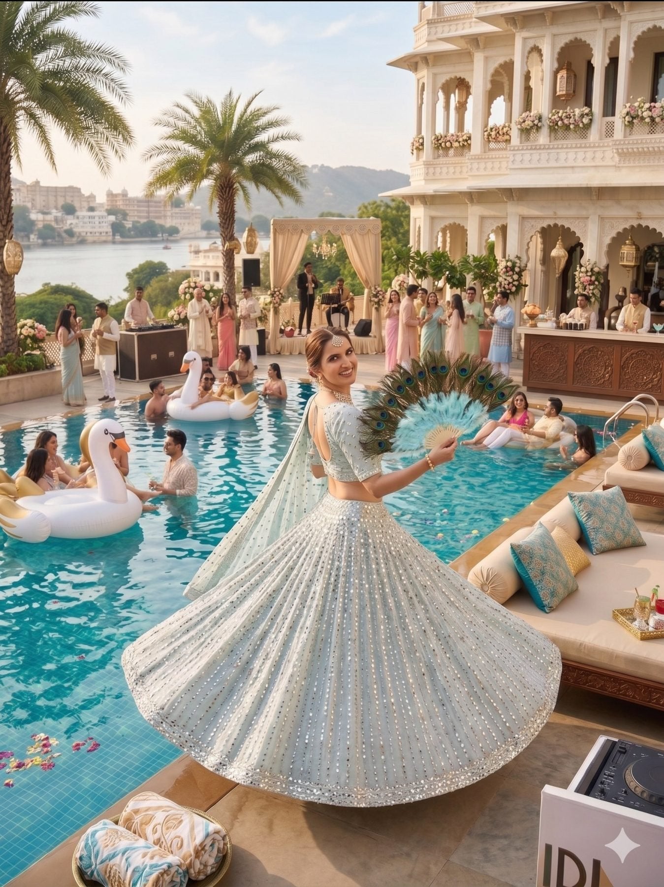 Blue Rangoli Silk Lehenga Choli with Foil Mirror and Coding Embroidery Work detailed view