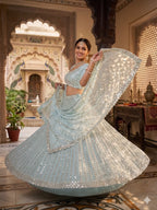 Blue Rangoli Silk Lehenga Choli with Foil Mirror and Coding Embroidery Work fabric texture detail