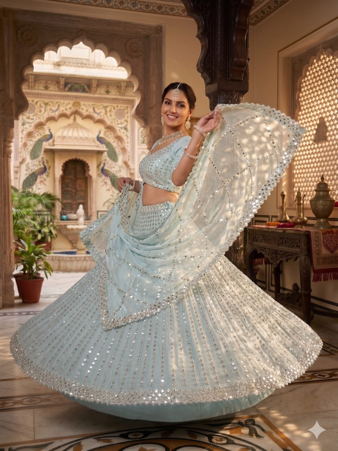 Blue Rangoli Silk Lehenga Choli with Foil Mirror and Coding Embroidery Work fabric texture detail