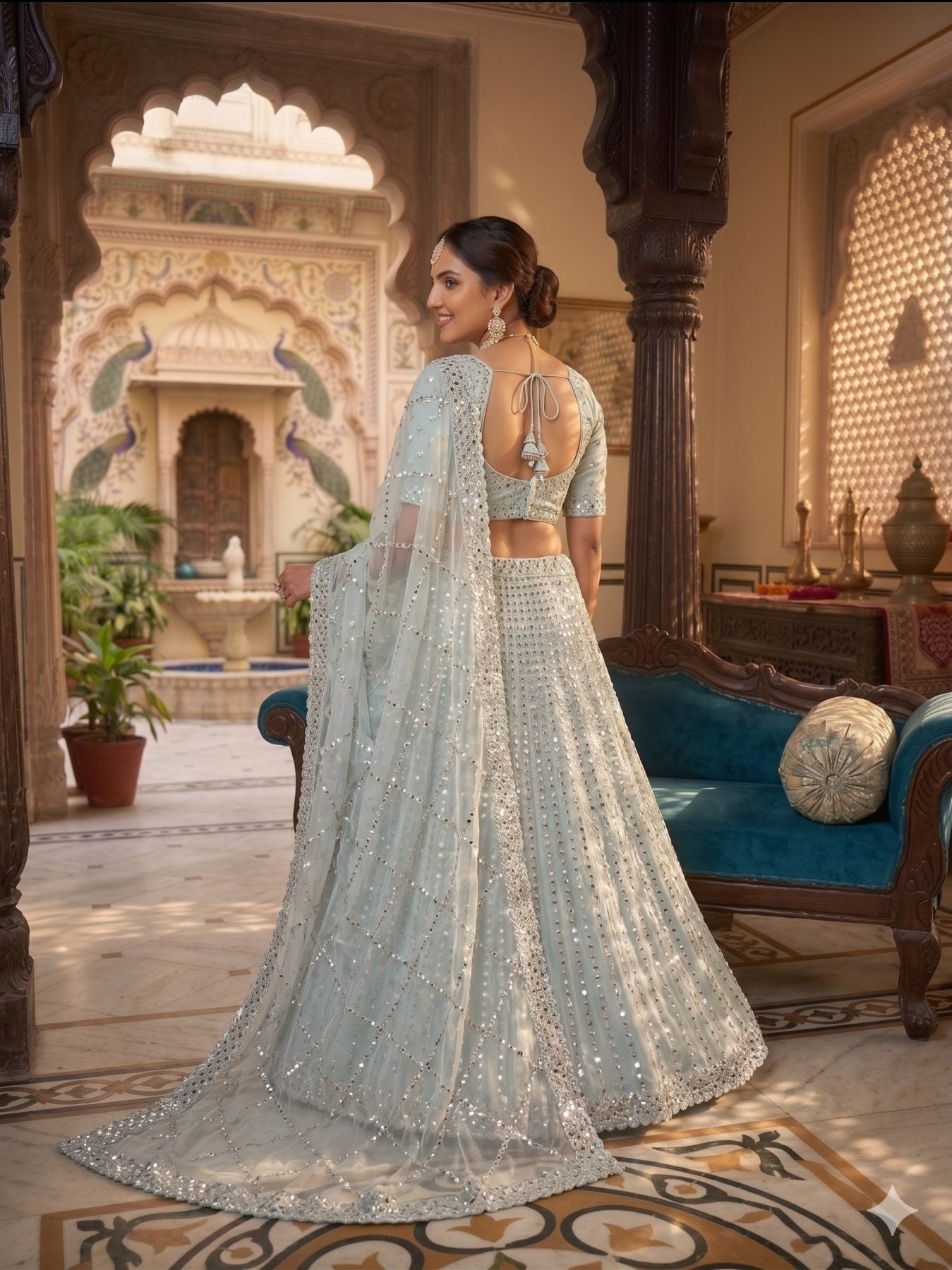Blue Rangoli Silk Lehenga Choli with Foil Mirror and Coding Embroidery Work back view