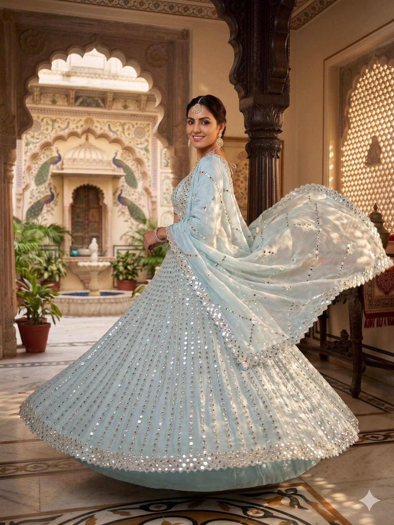 Blue Rangoli Silk Lehenga Choli with Foil Mirror and Coding Embroidery Work colour variant view