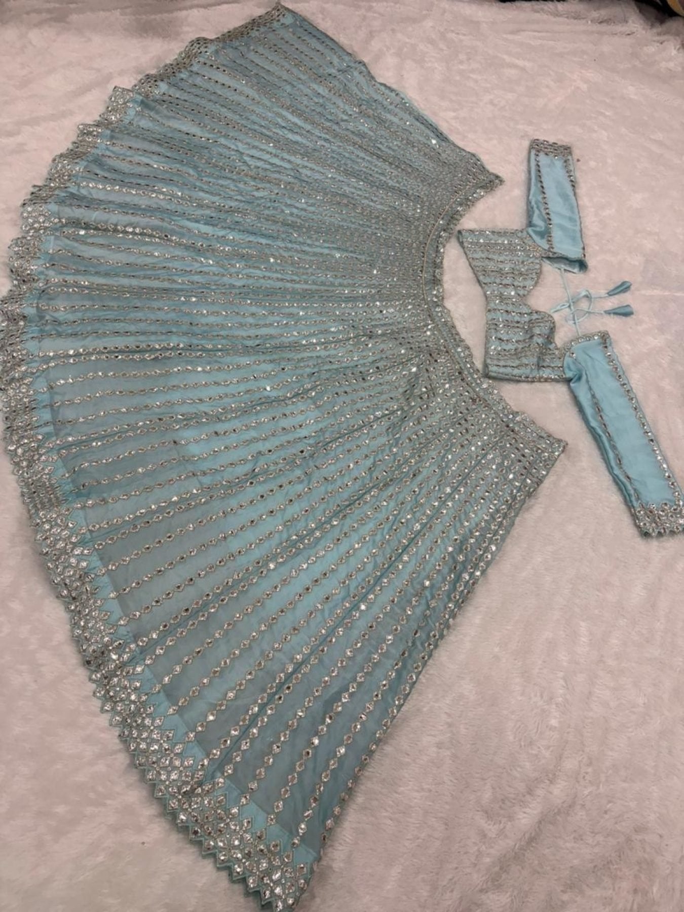 Blue Rangoli Silk Lehenga Choli with Foil Mirror and Coding Embroidery Work full drape view
