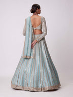 Blue Rangoli Silk Lehenga Choli with Foil Mirror and Coding Embroidery Work full drape view
