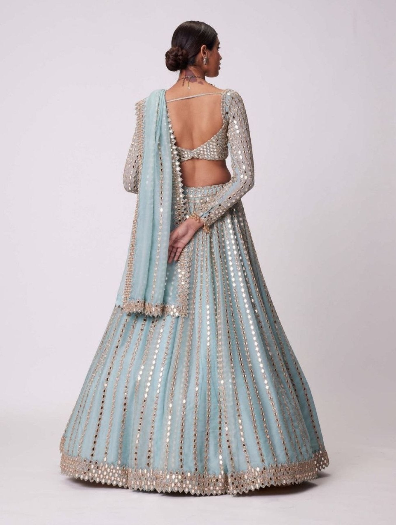 Blue Rangoli Silk Lehenga Choli with Foil Mirror and Coding Embroidery Work full drape view