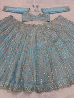 Blue Rangoli Silk Lehenga Choli with Foil Mirror and Coding Embroidery Work detailed view