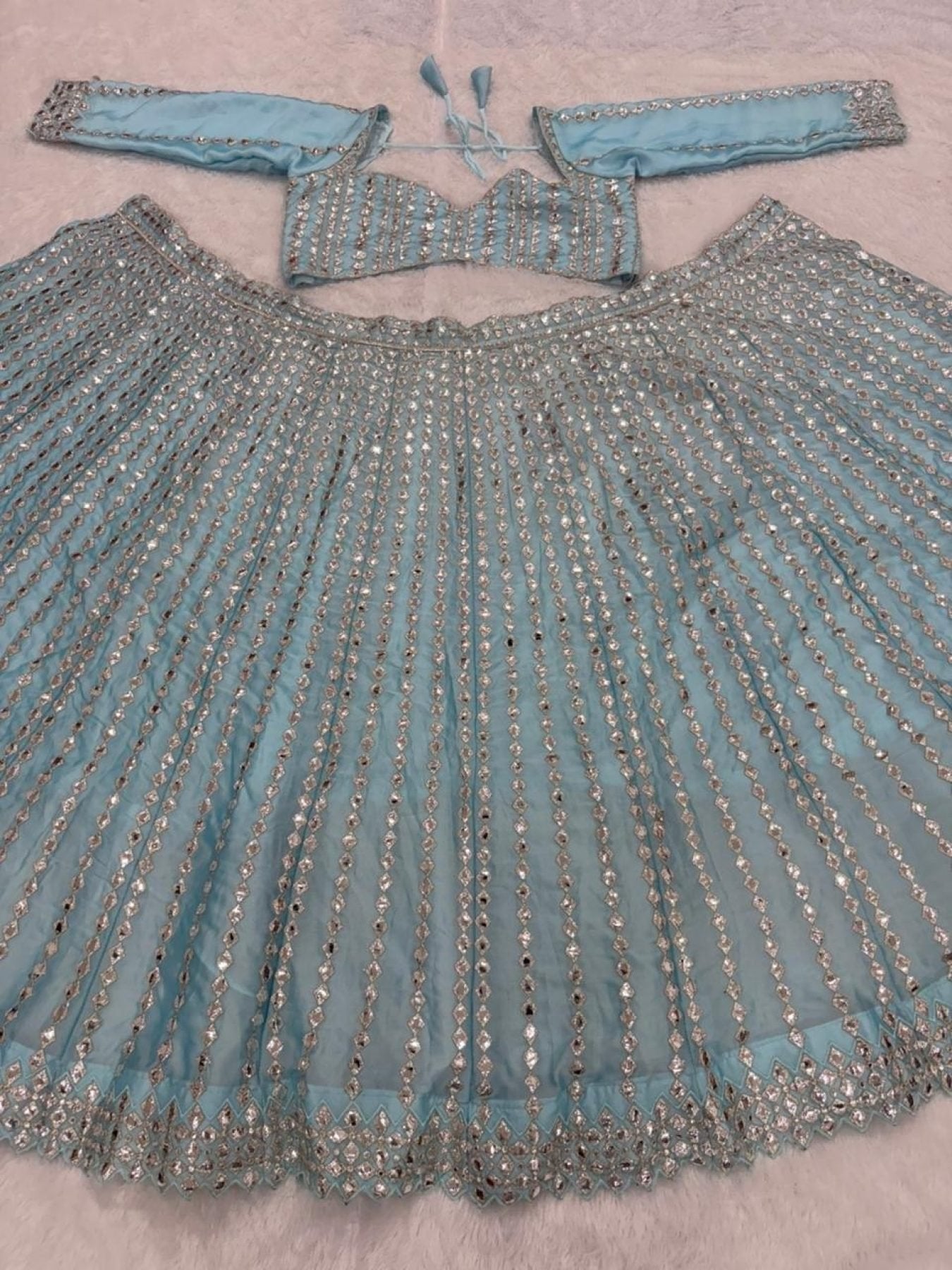 Blue Rangoli Silk Lehenga Choli with Foil Mirror and Coding Embroidery Work detailed view