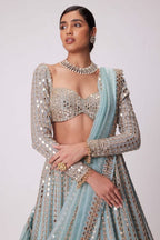 Blue Rangoli Silk Lehenga Choli with Foil Mirror and Coding Embroidery Work blouse and dupatta detail