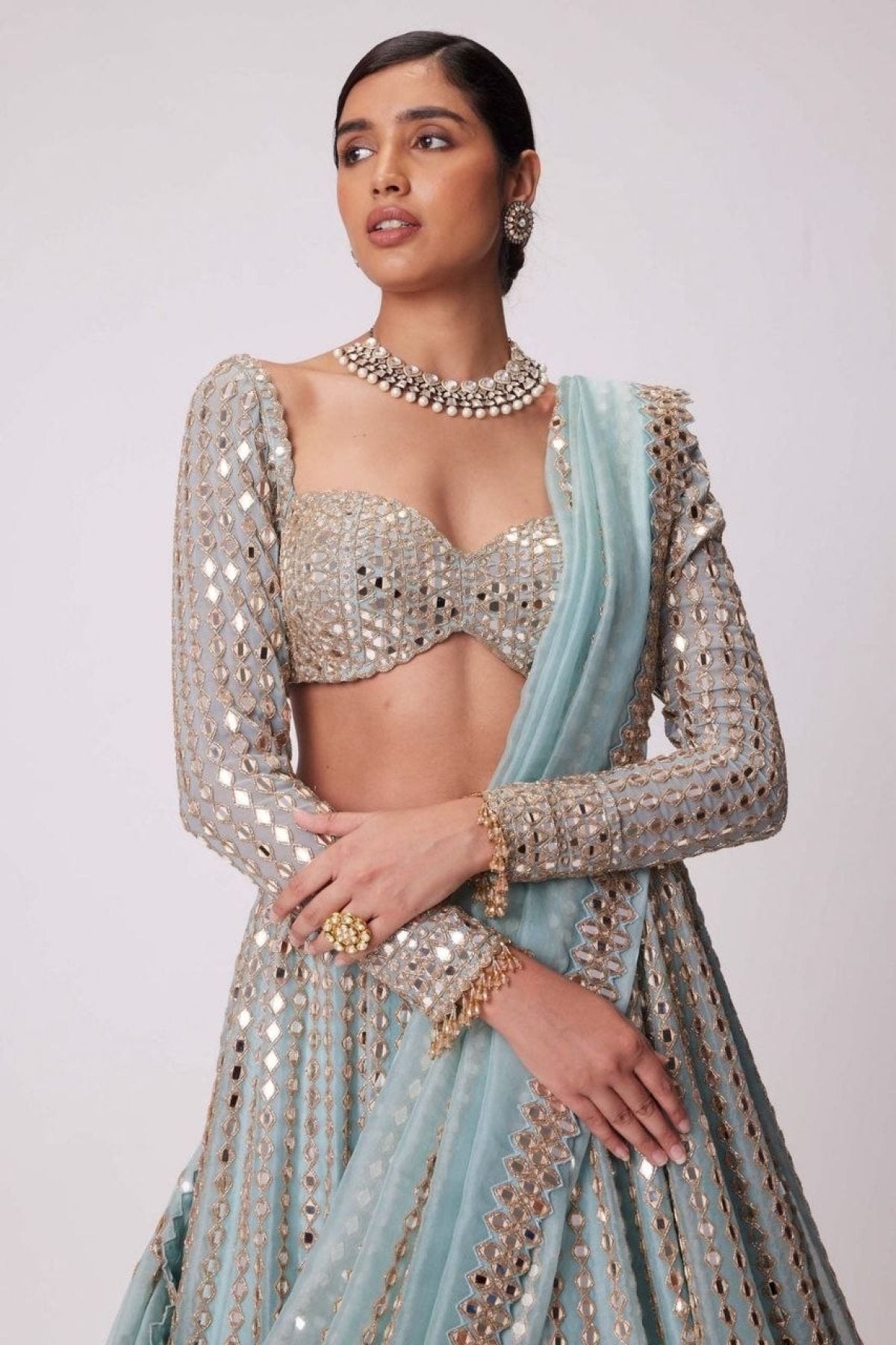 Blue Rangoli Silk Lehenga Choli with Foil Mirror and Coding Embroidery Work blouse and dupatta detail