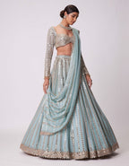 Blue Rangoli Silk Lehenga Choli with Foil Mirror and Coding Embroidery Work detailed view