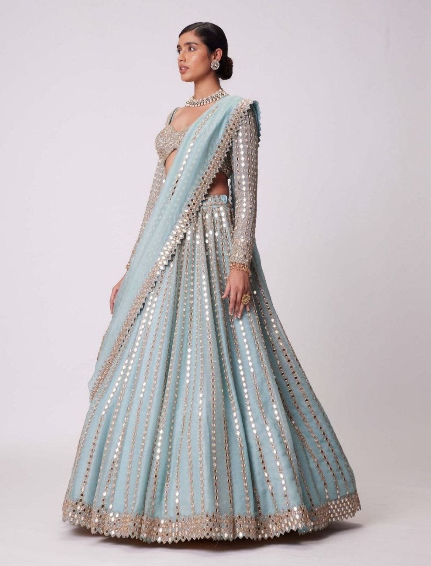 Blue Rangoli Silk Lehenga Choli with Foil Mirror and Coding Embroidery Work fabric texture detail