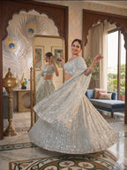 Blue Rangoli Silk Lehenga Choli with Foil Mirror and Coding Embroidery Work styling view