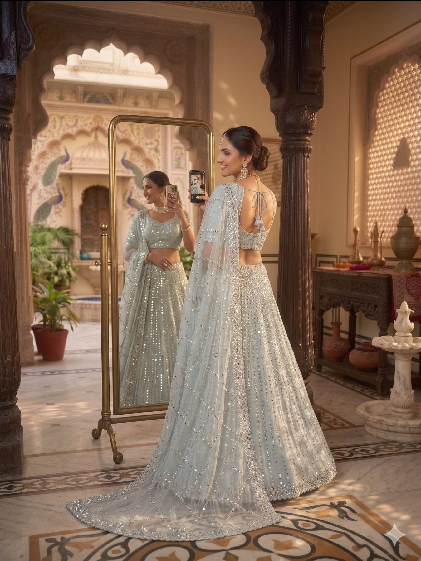 Blue Rangoli Silk Lehenga Choli with Foil Mirror and Coding Embroidery Work front view