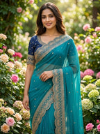 Teal Saree for women - full front view | Snyvia