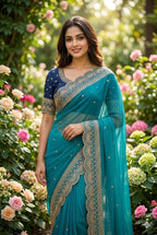 Teal Saree - drape and pallu detail
