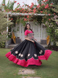 Black Pink Roman Fabric Navratri Lehenga Choli with Kutchi Gamthi Embroidery Work for women | Snyvia