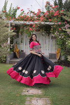 Roman Fabric Navratri Lehenga Choli with Kutchi Gamthi Embroidery Work full drape view