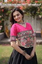 Roman Fabric Navratri Lehenga Choli with Kutchi Gamthi Embroidery Work blouse and dupatta detail