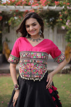 Roman Fabric Navratri Lehenga Choli with Kutchi Gamthi Embroidery Work detailed view