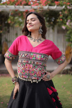 Roman Fabric Navratri Lehenga Choli with Kutchi Gamthi Embroidery Work detailed view