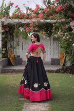 Roman Fabric Navratri Lehenga Choli with Kutchi Gamthi Embroidery Work back view