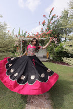 Black Yellow Roman Fabric Navratri Lehenga Choli with Kutchi Gamthi Embroidery Work full drape view