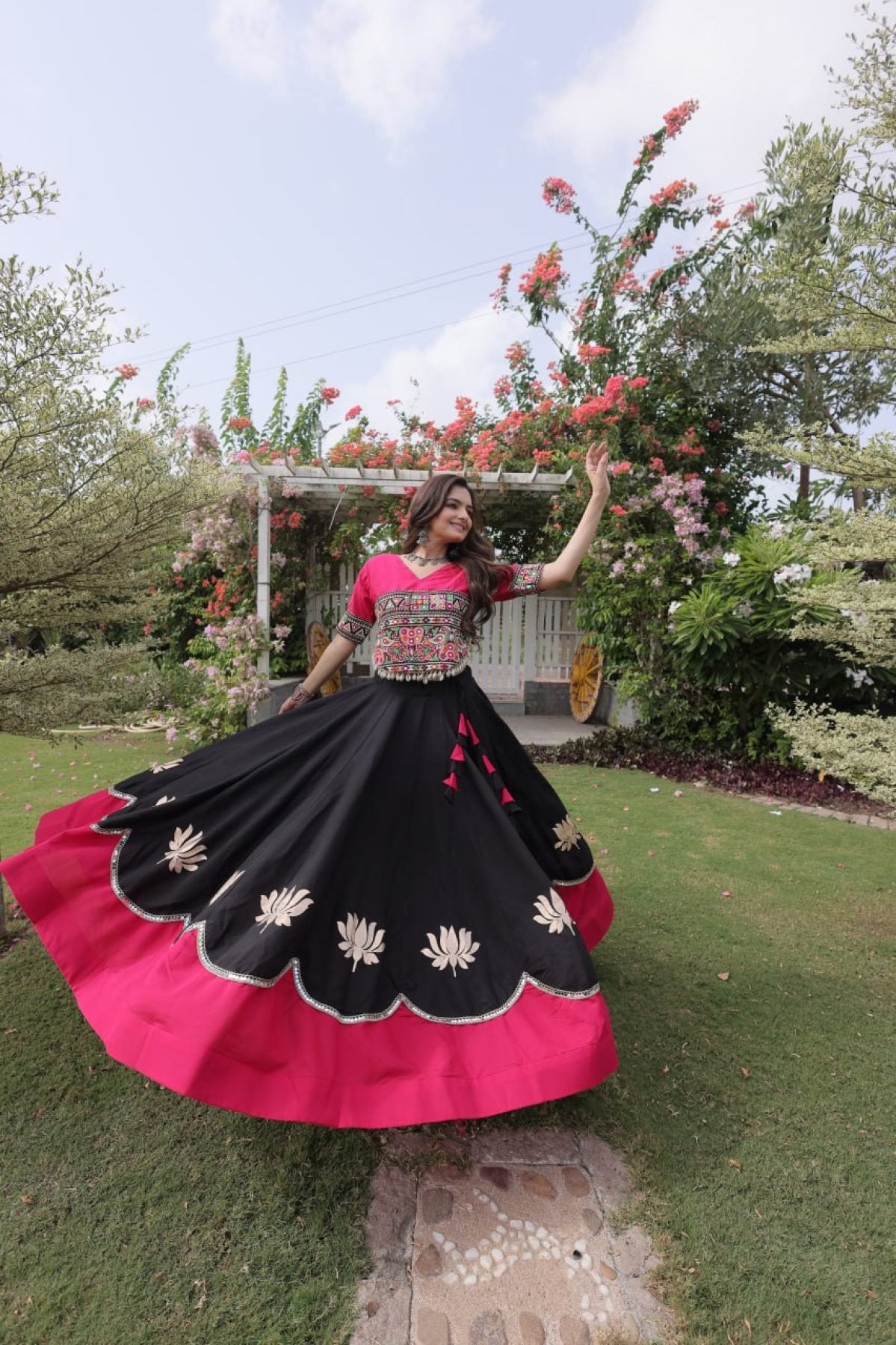 White Yellow Roman Fabric Navratri Lehenga Choli with Kutchi Gamthi Embroidery Work blouse and dupatta detail