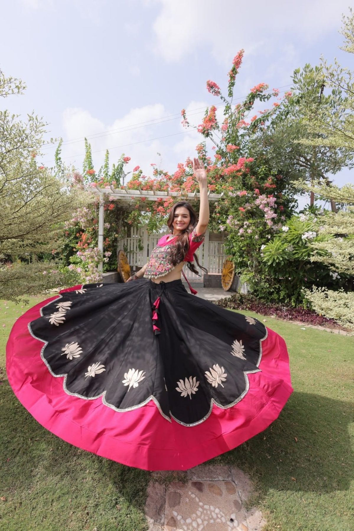 White Pink Roman Fabric Navratri Lehenga Choli with Kutchi Gamthi Embroidery Work detailed view