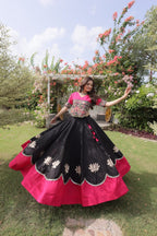 White Purple Roman Fabric Navratri Lehenga Choli with Kutchi Gamthi Embroidery Work detailed view