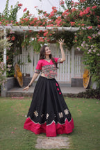 White Black Roman Fabric Navratri Lehenga Choli with Kutchi Gamthi Embroidery Work back view