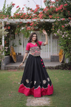 Black Maroon Roman Fabric Navratri Lehenga Choli with Kutchi Gamthi Embroidery Work styling view
