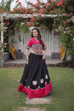 Yellow Red Roman Fabric Navratri Lehenga Choli with Kutchi Gamthi Embroidery Work colour variant view