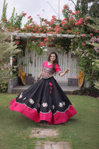 White Red Roman Fabric Navratri Lehenga Choli with Kutchi Gamthi Embroidery Work front view