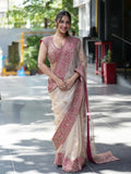 Cream Organza Saree for women - full front view | Snyvia