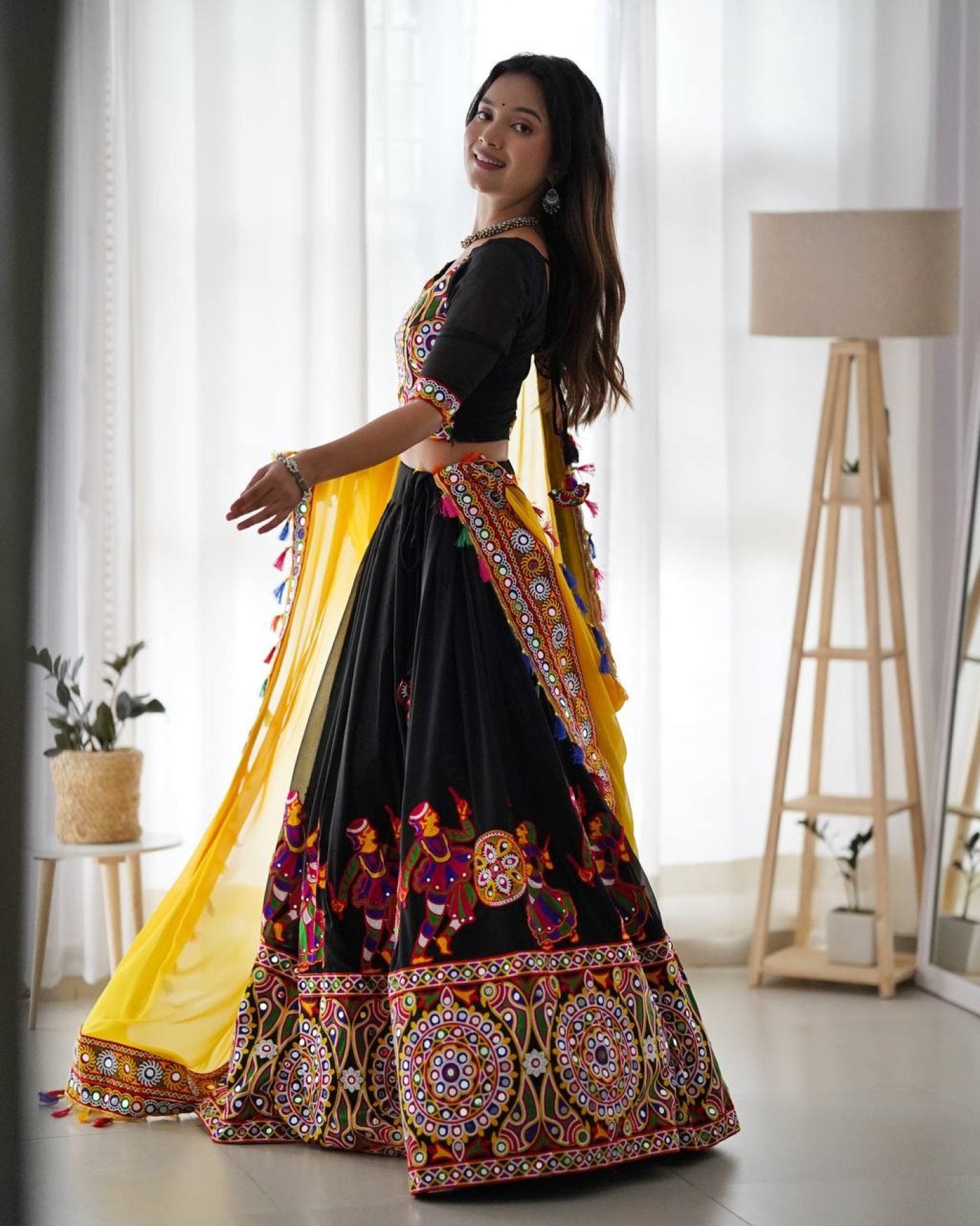 Black Faux Georgette Lehenga Choli with Original Mirror Work For Navarati Special full drape view